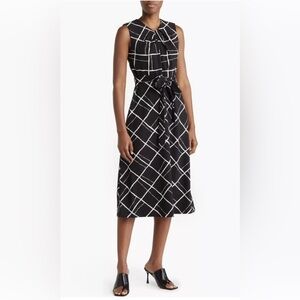 Calvin Klein Women’s Knot Front Geometric Midi Dress‎ In Black/ Cream Size 6 NWT